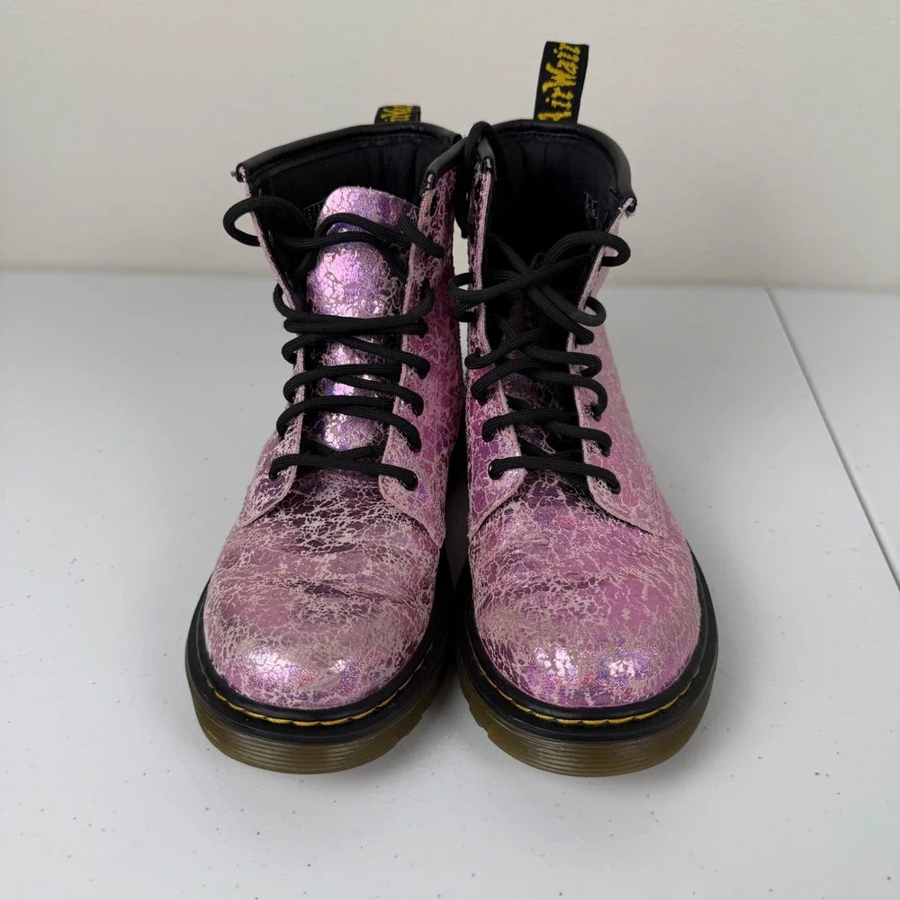 RARE Dr. Martens Boots Pink Shimmer Crackle Leather Lace Up Side Zip Size 3 Kids